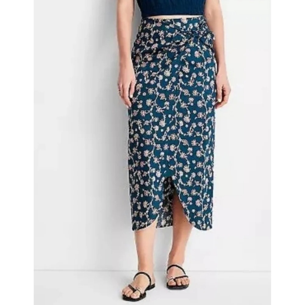 Dark Teal Floral Faux Wrap Midi Skirt 100% Cotton Size 24 Boho Cottagecore